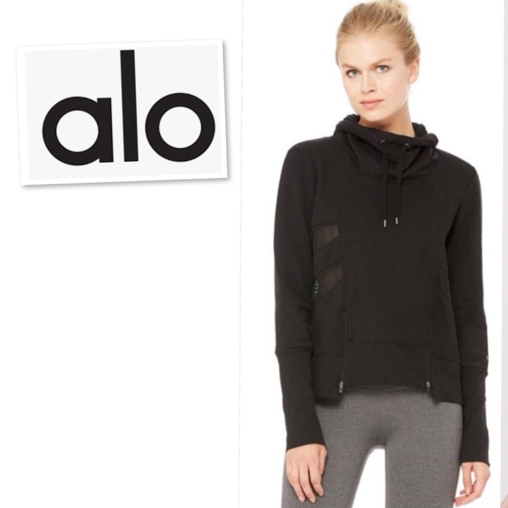 Alo Yoga Drift Hoodie Jacket Black Mesh Inset Sweatshirt Size 6